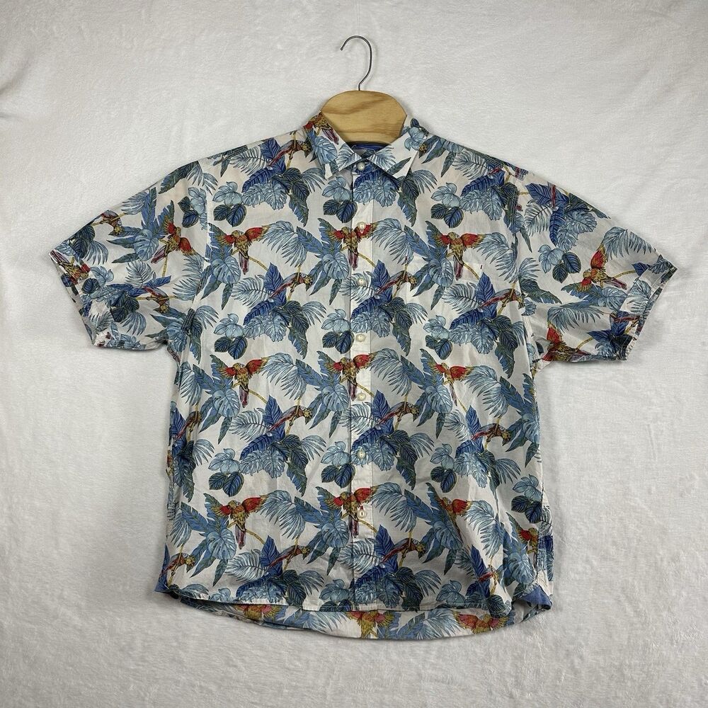 Tommy Bahama Mens Large Hawaiian Shirt Parrot Tropical Button Up Short Sleeve
